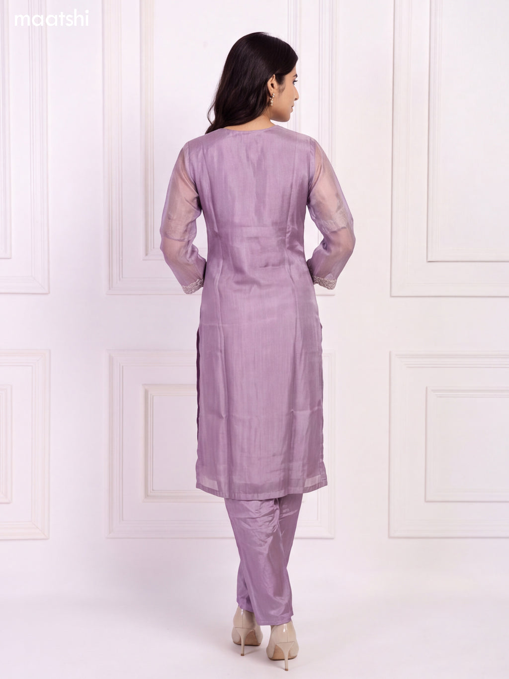Lavender and Gold Tissue Embroidery Work Straight Suit