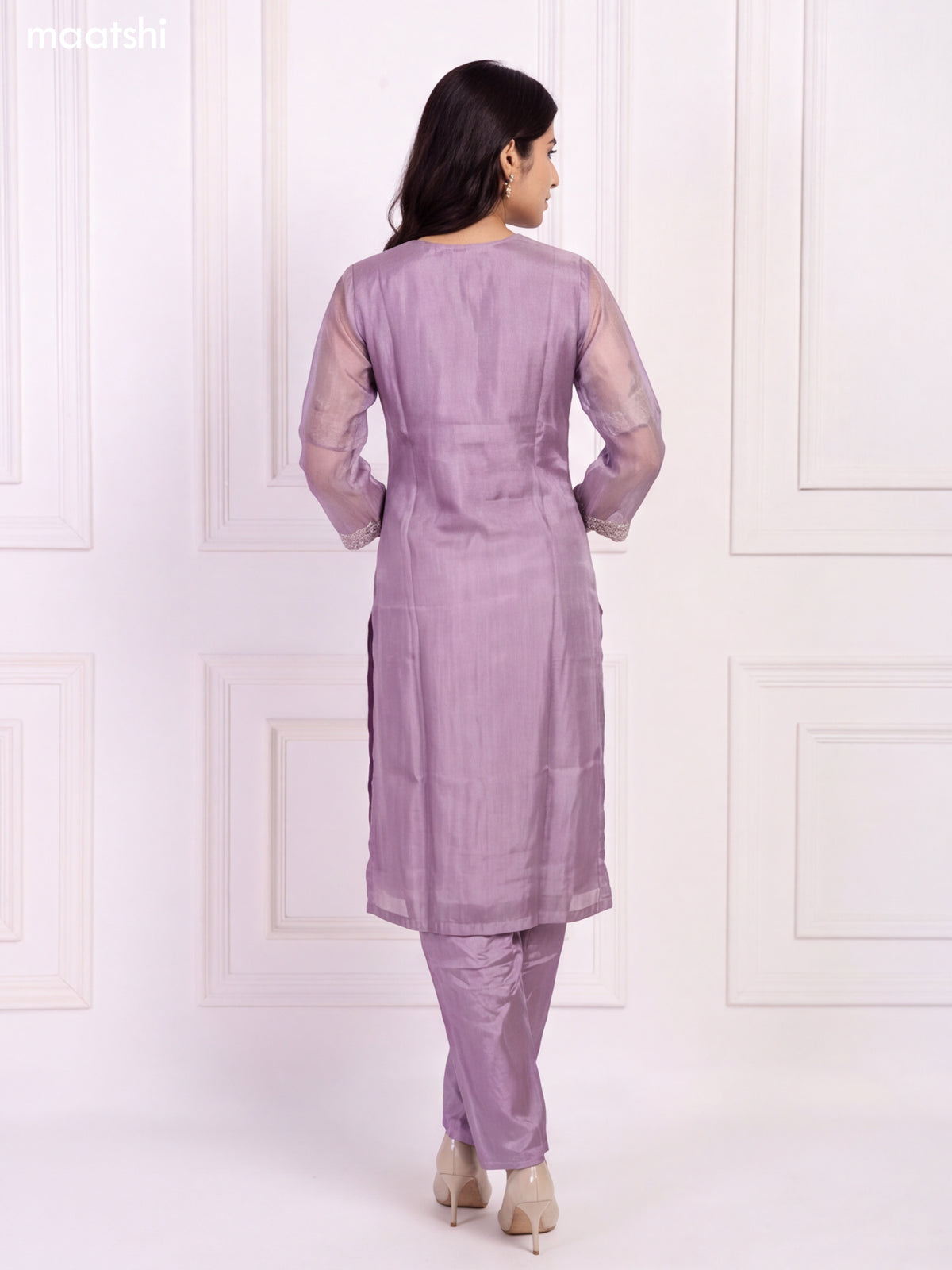 Lavender and Gold Tissue Embroidery Work Straight Suit