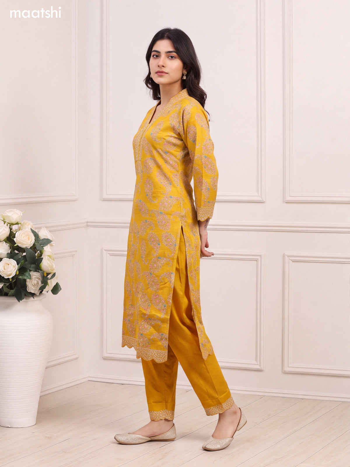 Yellow Cotton Floral Printed & Embroidery Work Staright Suit