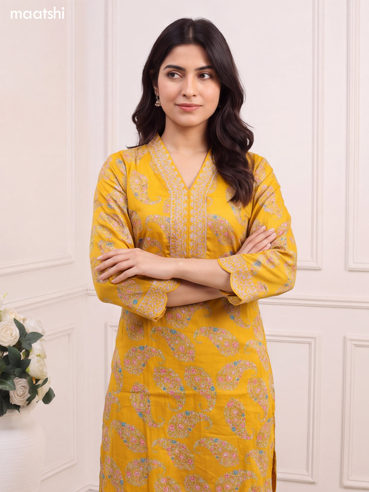 Yellow Cotton Floral Printed & Embroidery Work Staright Suit