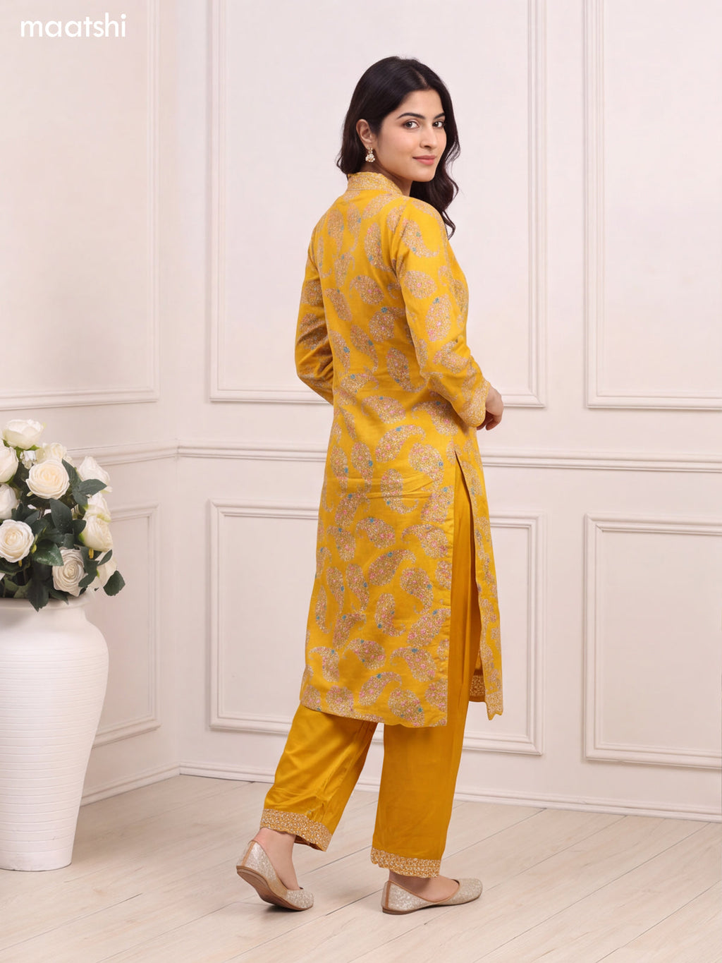 Yellow Cotton Floral Printed & Embroidery Work Staright Suit