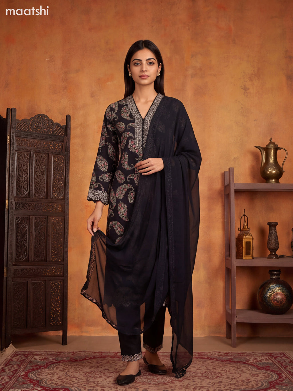 Black Cotton Floral Printed & Embroidery Work Staright Suit