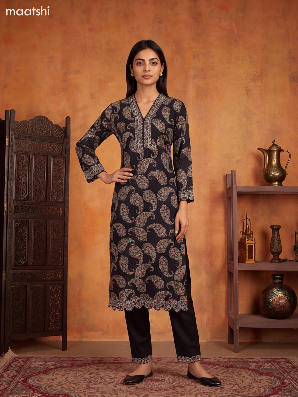 Black Cotton Floral Printed & Embroidery Work Staright Suit
