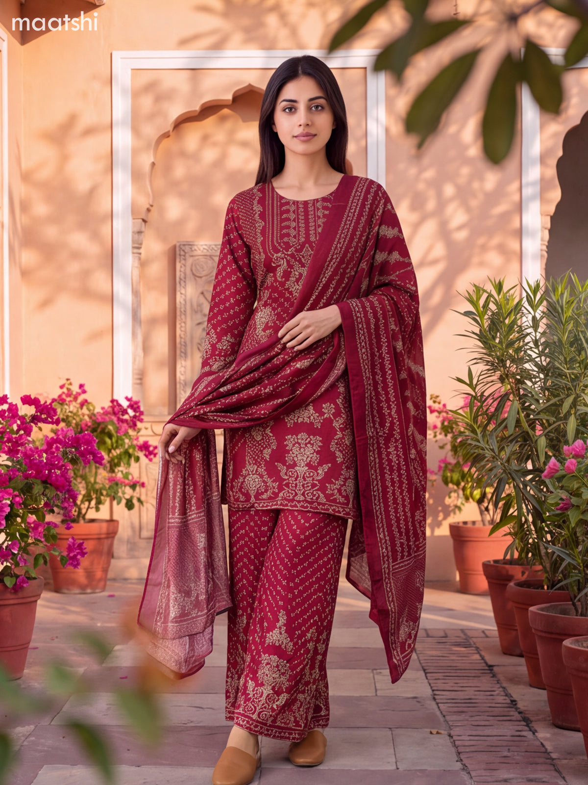 Magenta Pink and Biege Crepe Silk Floral Printed Short Straight Suit