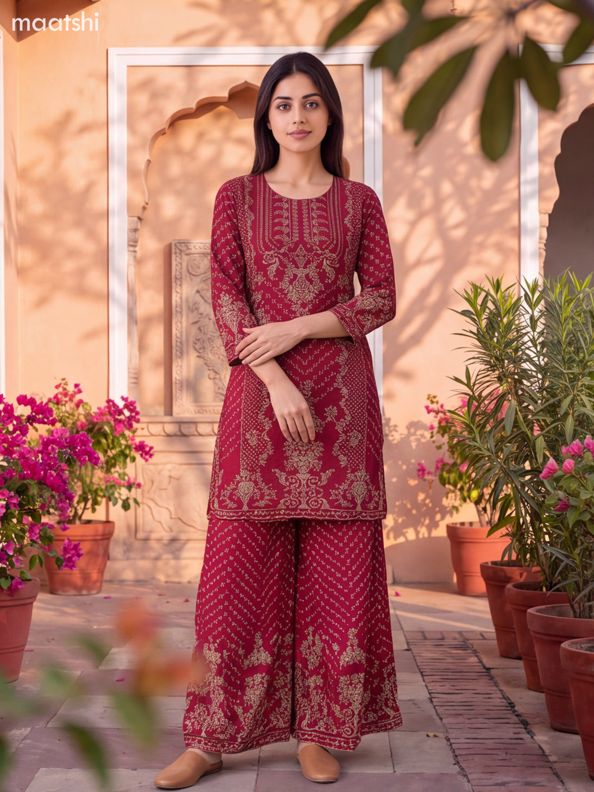 Magenta Pink and Biege Crepe Silk Floral Printed Short Straight Suit