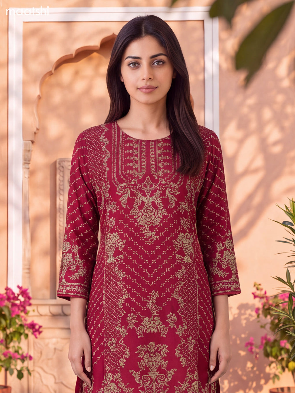 Magenta Pink and Biege Crepe Silk Floral Printed Short Straight Suit