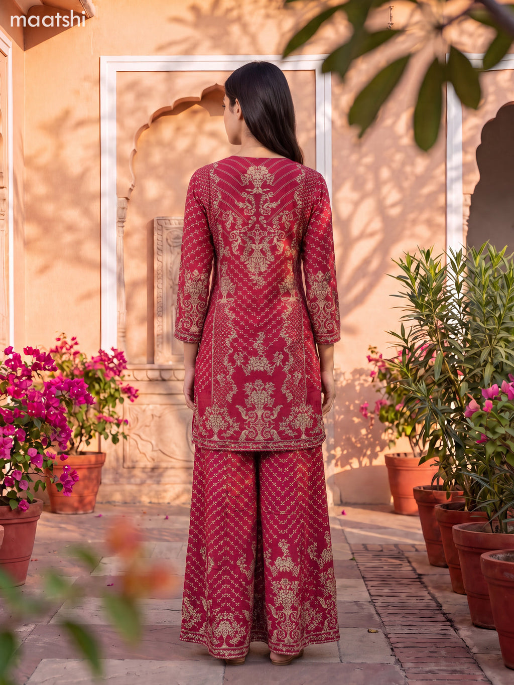 Magenta Pink and Biege Crepe Silk Floral Printed Short Straight Suit