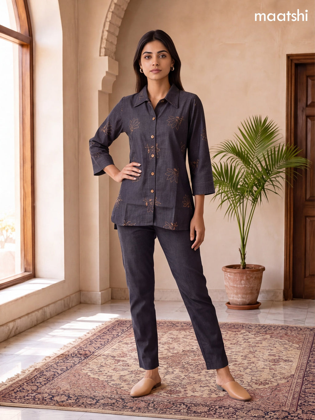 Elephant Grey Cotton Embroidery Work Short Co-Ord Set