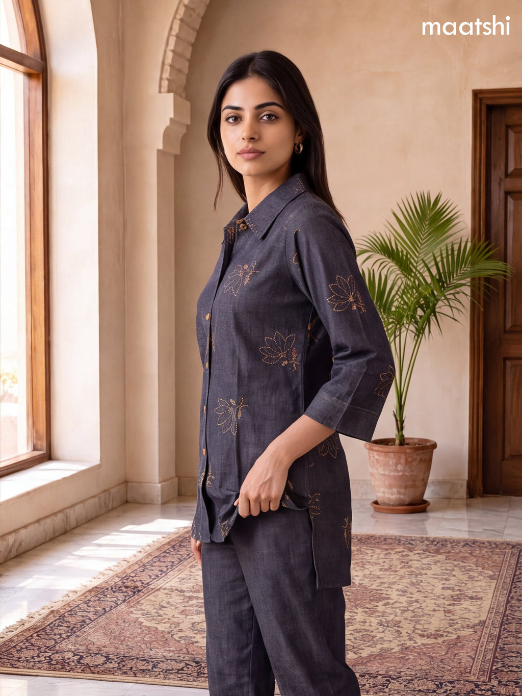 Elephant Grey Cotton Embroidery Work Short Co-Ord Set
