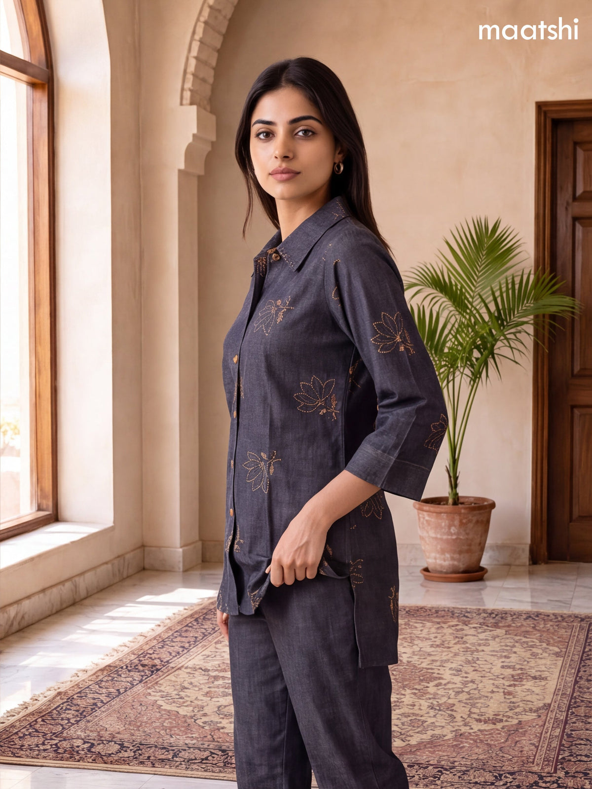 Elephant Grey Cotton Embroidery Work Short Co-Ord Set
