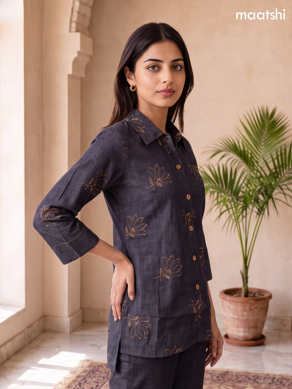Elephant Grey Cotton Embroidery Work Short Co-Ord Set