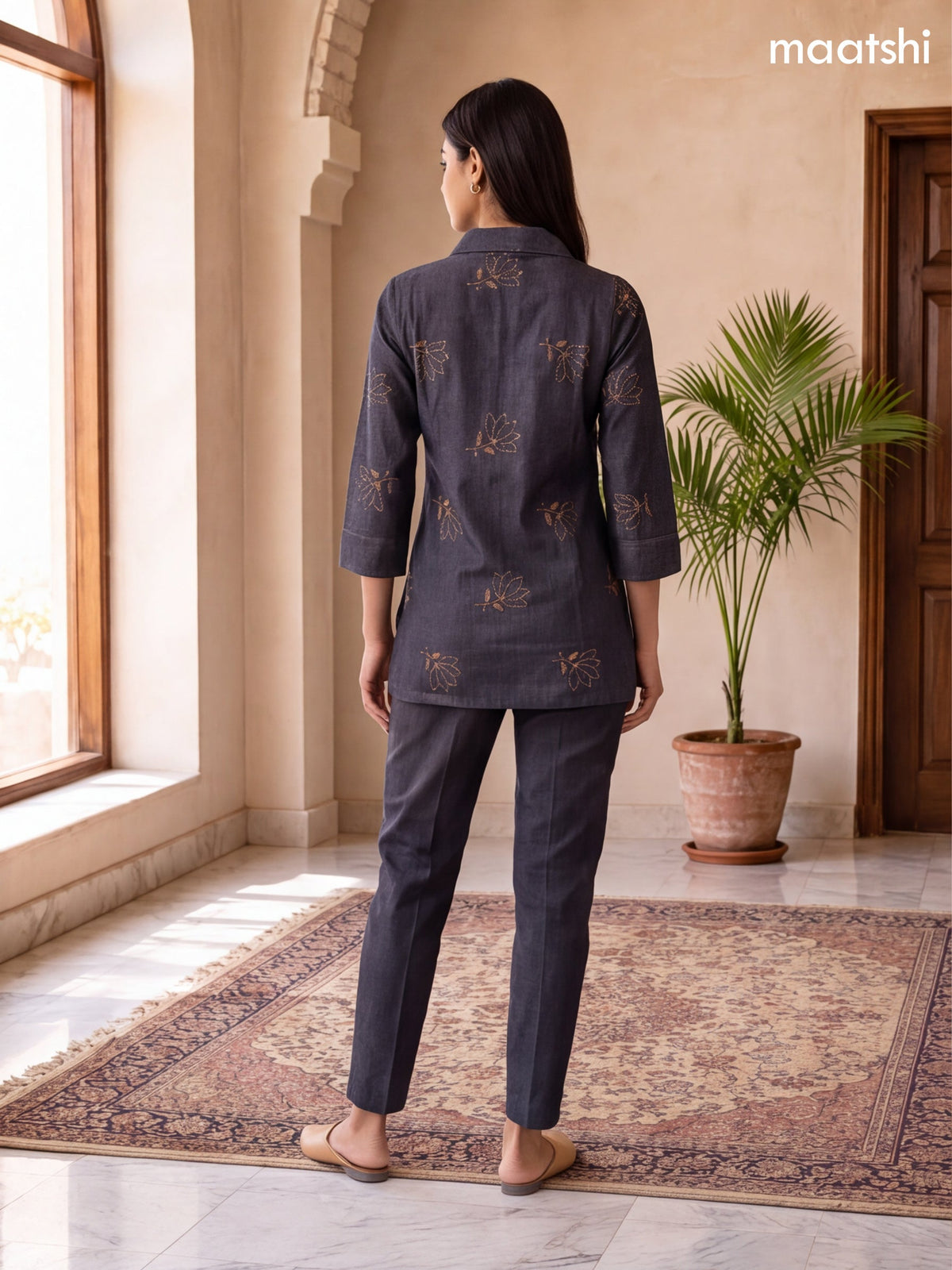 Elephant Grey Cotton Embroidery Work Short Co-Ord Set