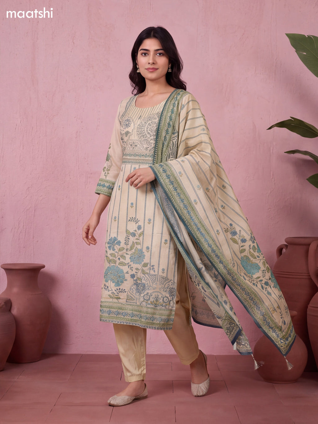Biege and Teal Green Tissue Embroidery Work Straight Suit