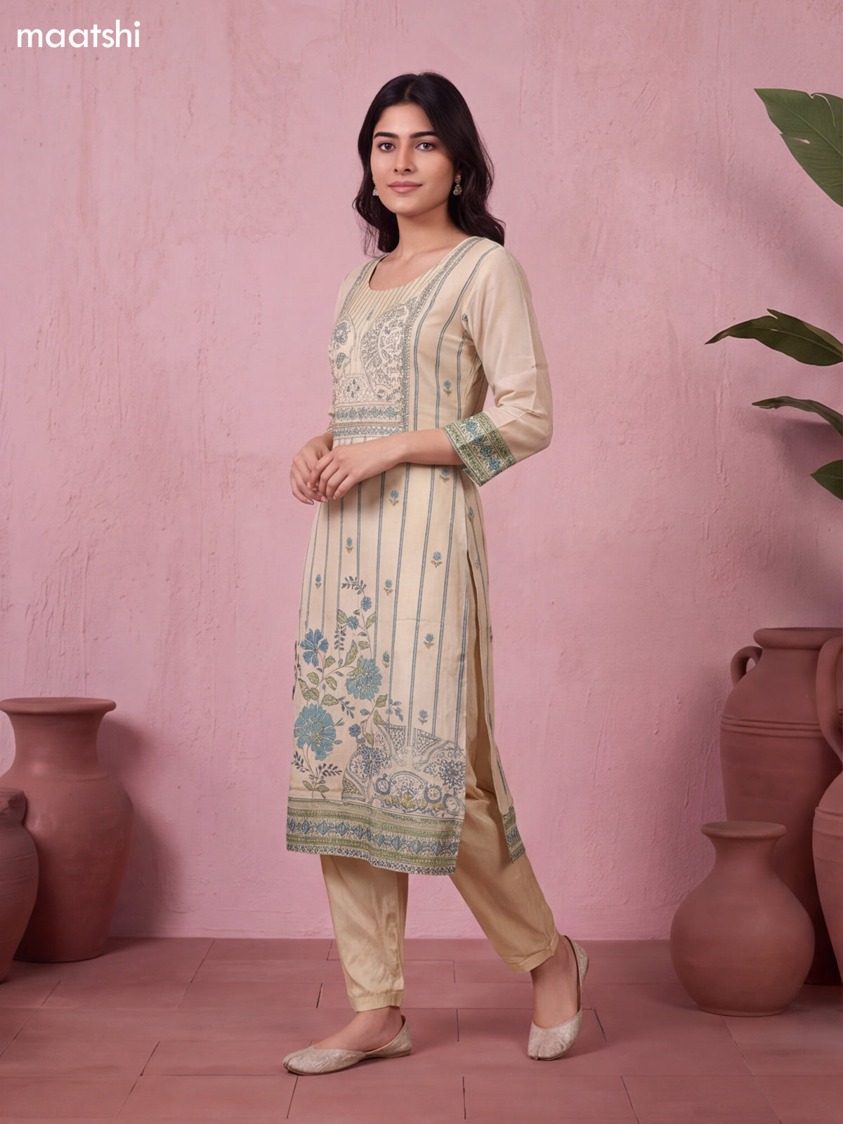 Biege and Teal Green Tissue Embroidery Work Straight Suit