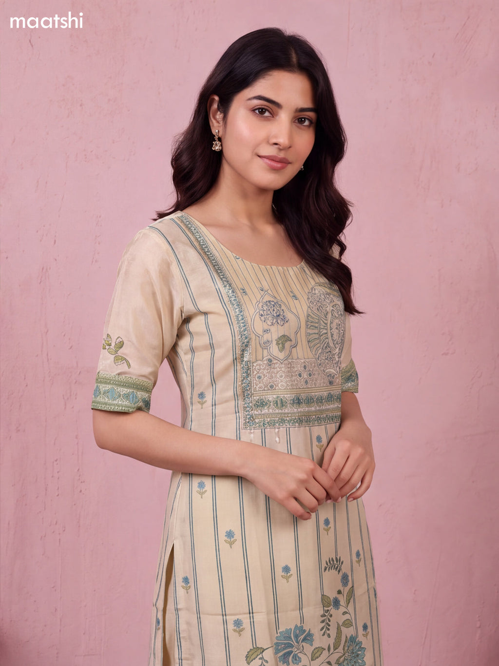 Biege and Teal Green Tissue Embroidery Work Straight Suit