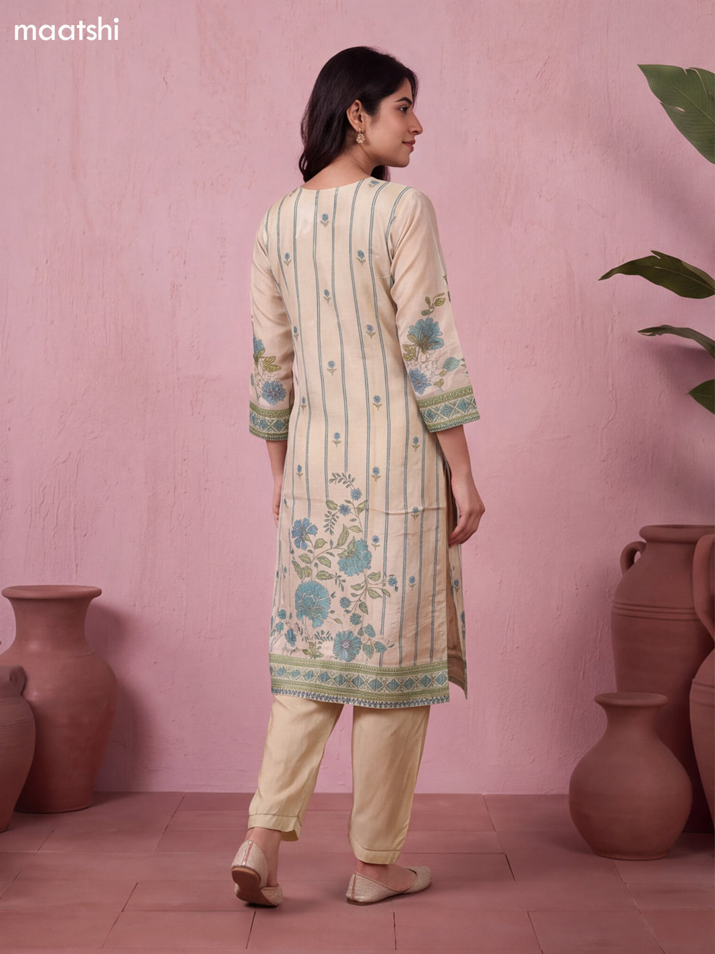 Biege and Teal Green Tissue Embroidery Work Straight Suit