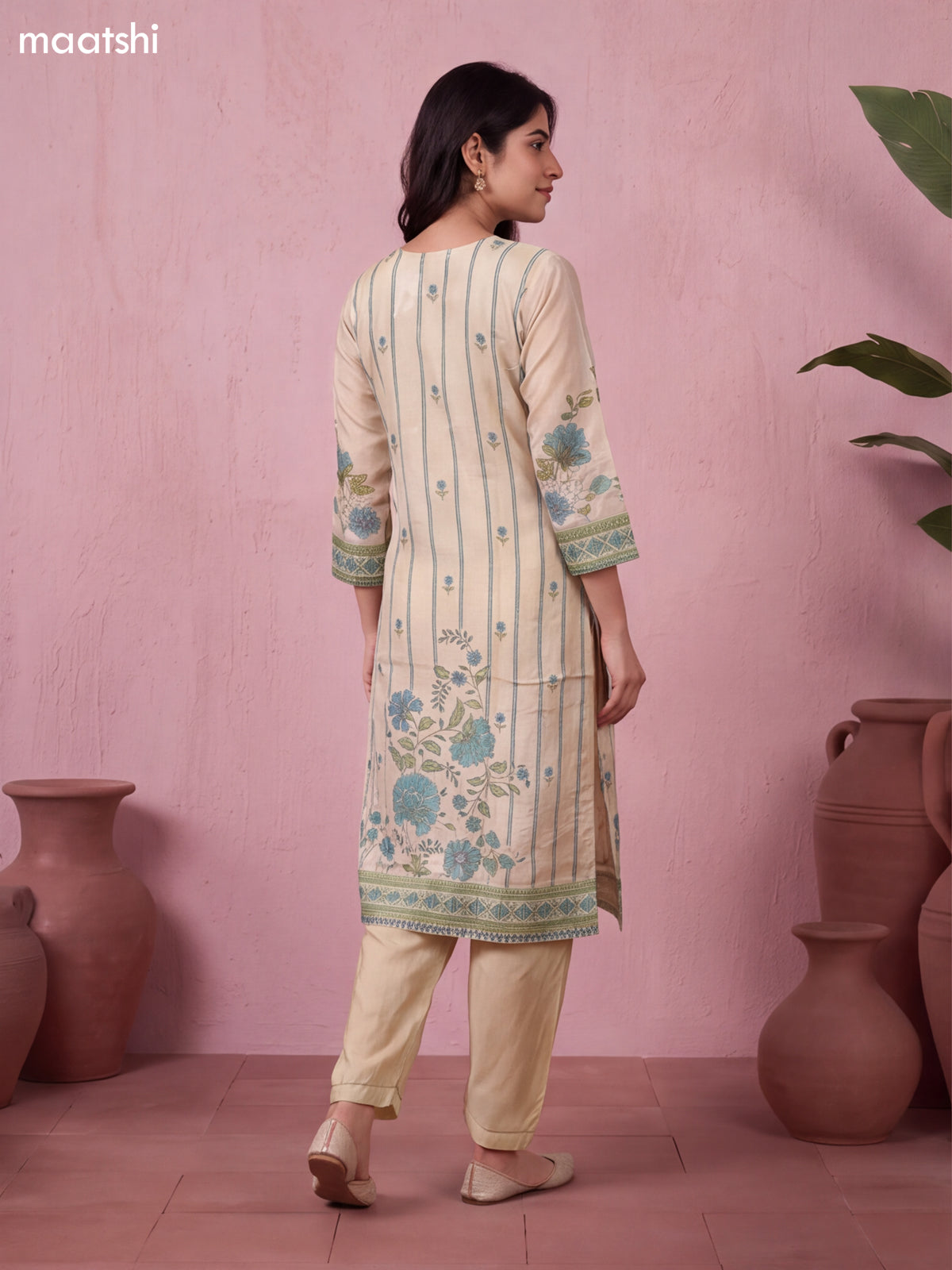 Biege and Teal Green Tissue Embroidery Work Straight Suit