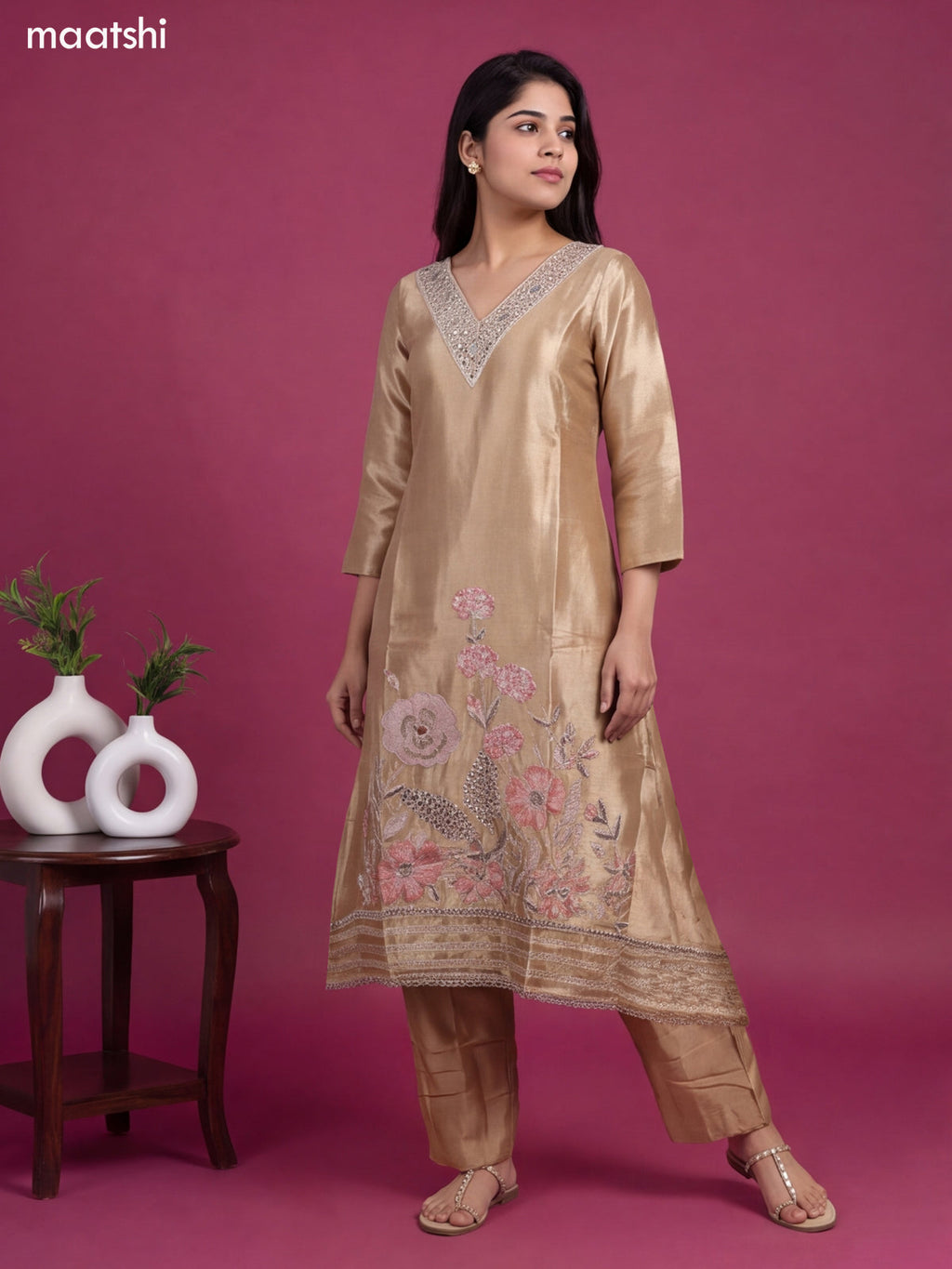 Biege Tissue Embroidery Work A-Line Suit