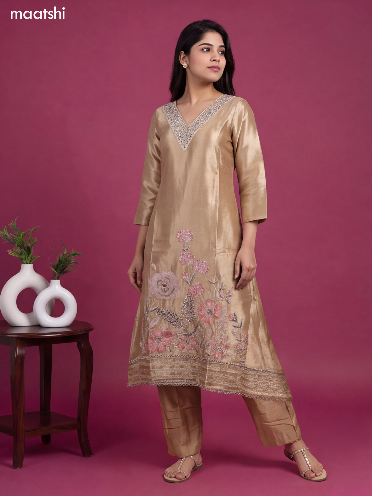 Biege Tissue Embroidery Work A-Line Suit