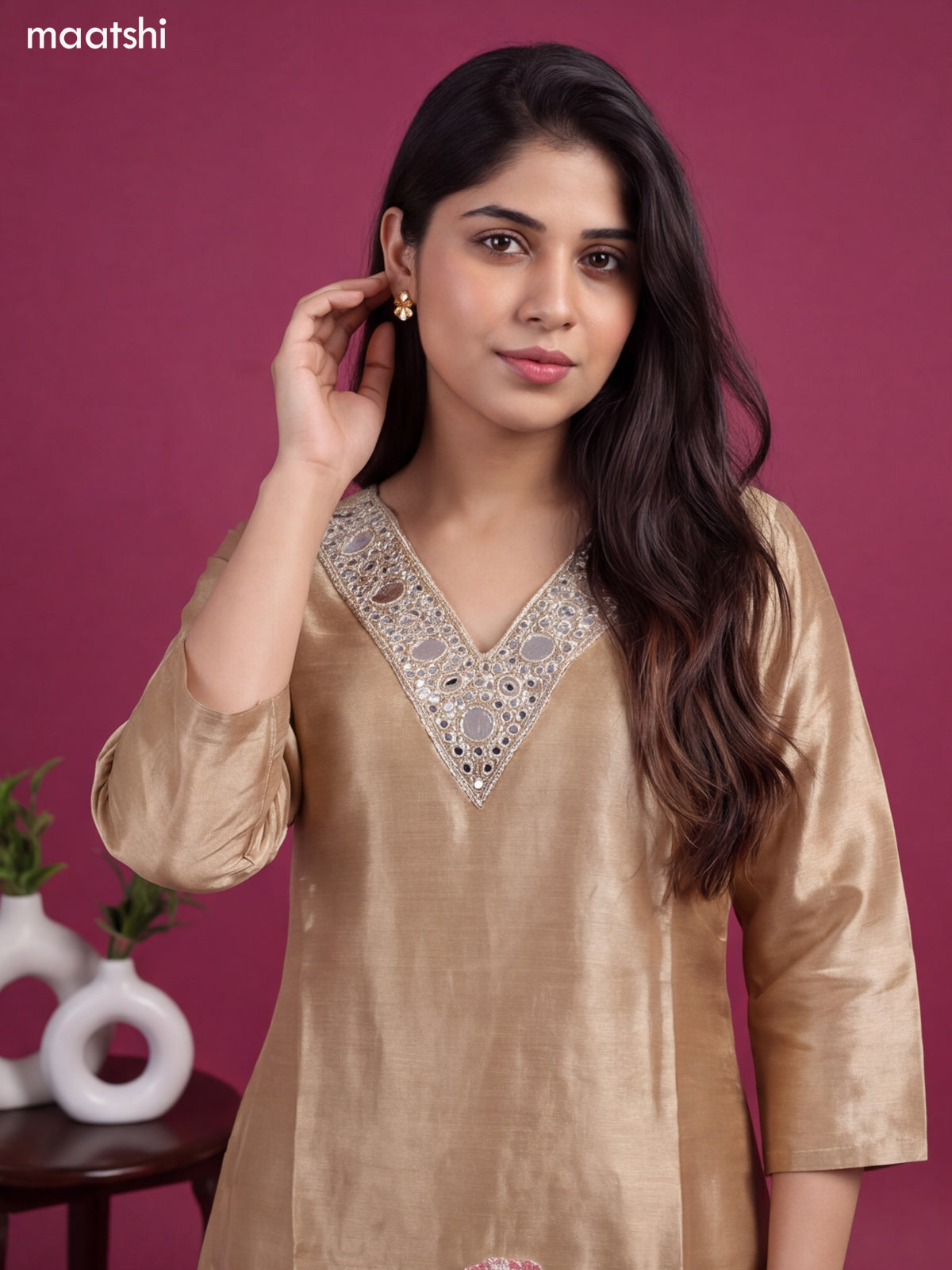 Biege Tissue Embroidery Work A-Line Suit