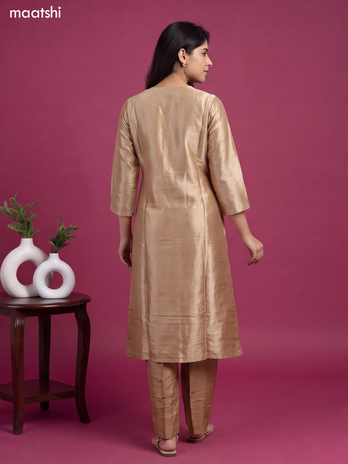 Biege Tissue Embroidery Work A-Line Suit