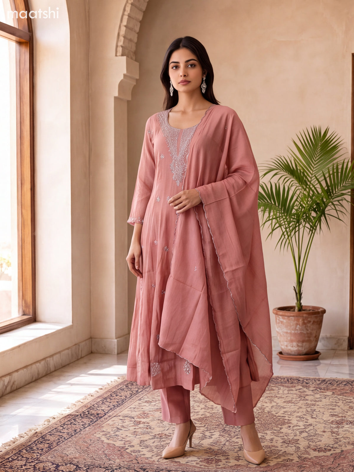 Peach Mul Chanderi Embroidery & Mirror Work Anarkali Suit