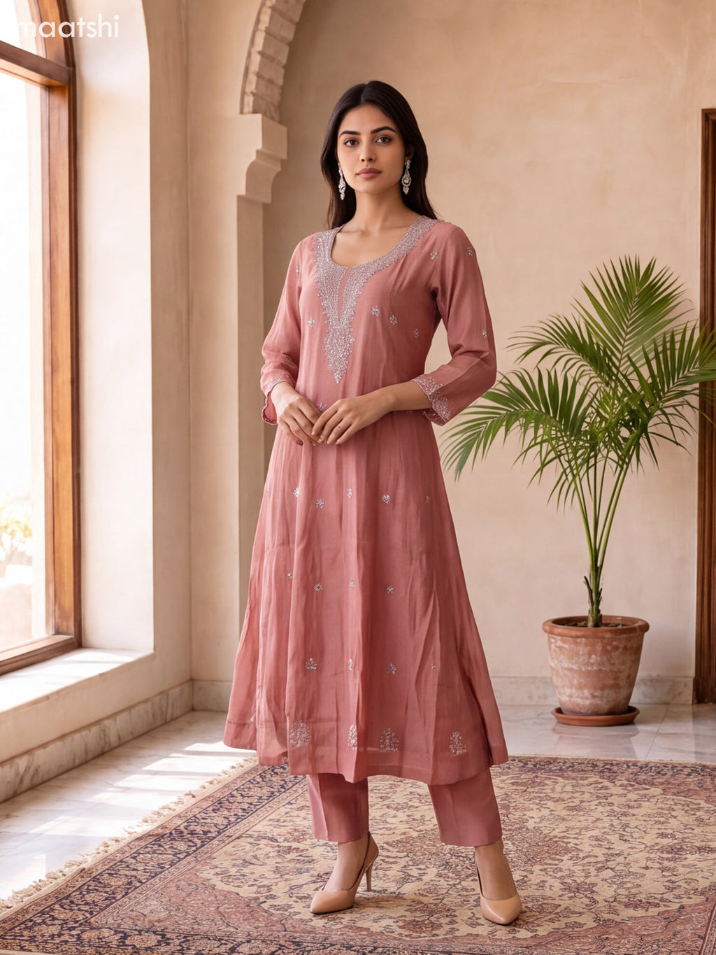 Peach Mul Chanderi Embroidery & Mirror Work Anarkali Suit