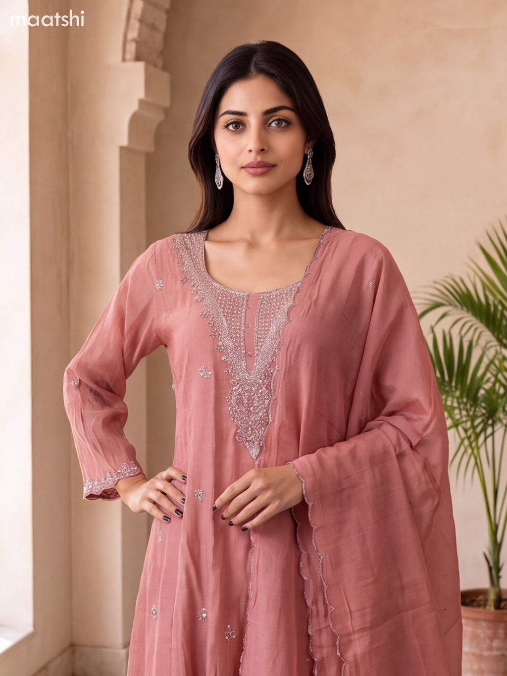 Peach Mul Chanderi Embroidery & Mirror Work Anarkali Suit