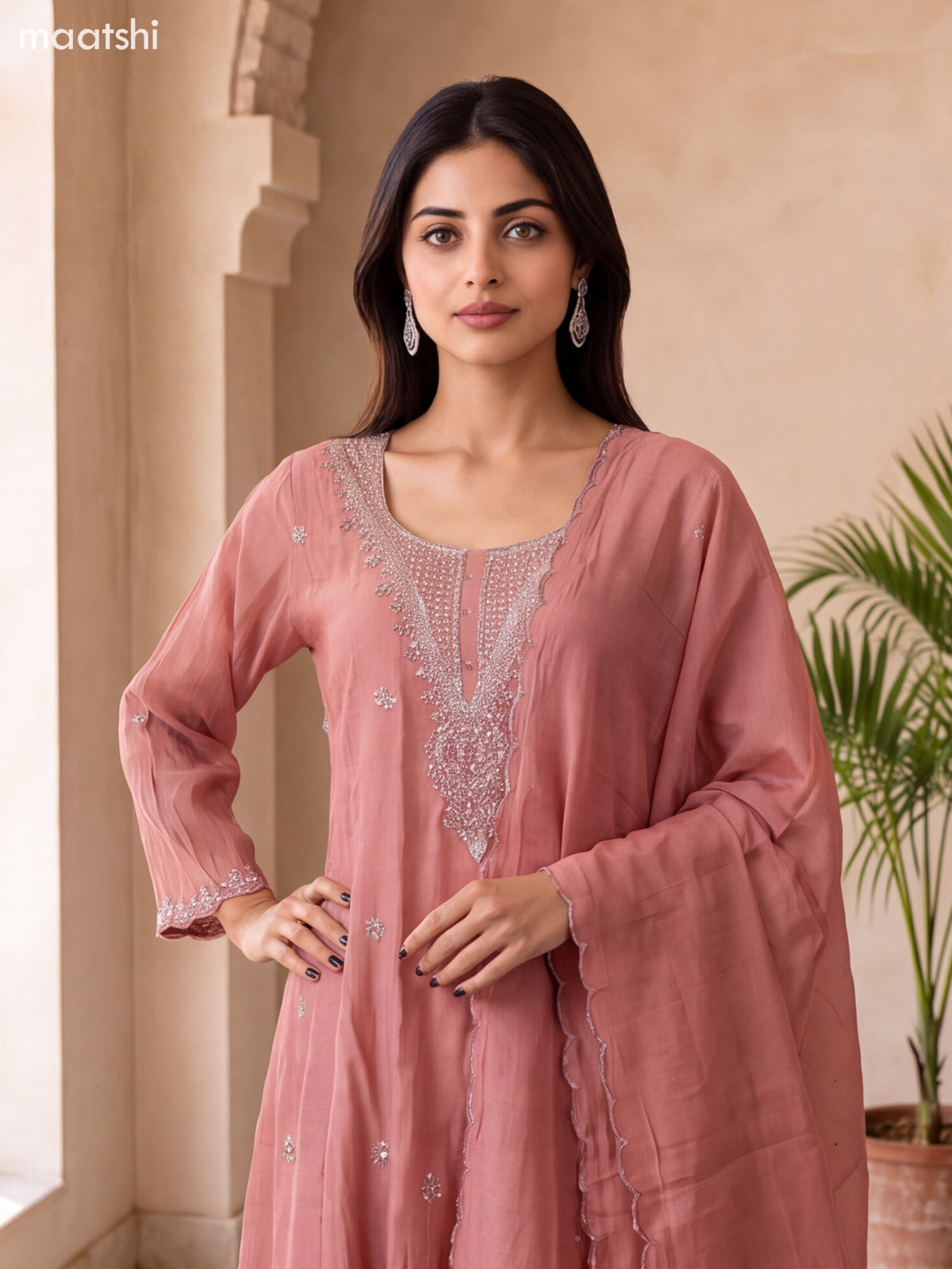 Peach Mul Chanderi Embroidery & Mirror Work Anarkali Suit