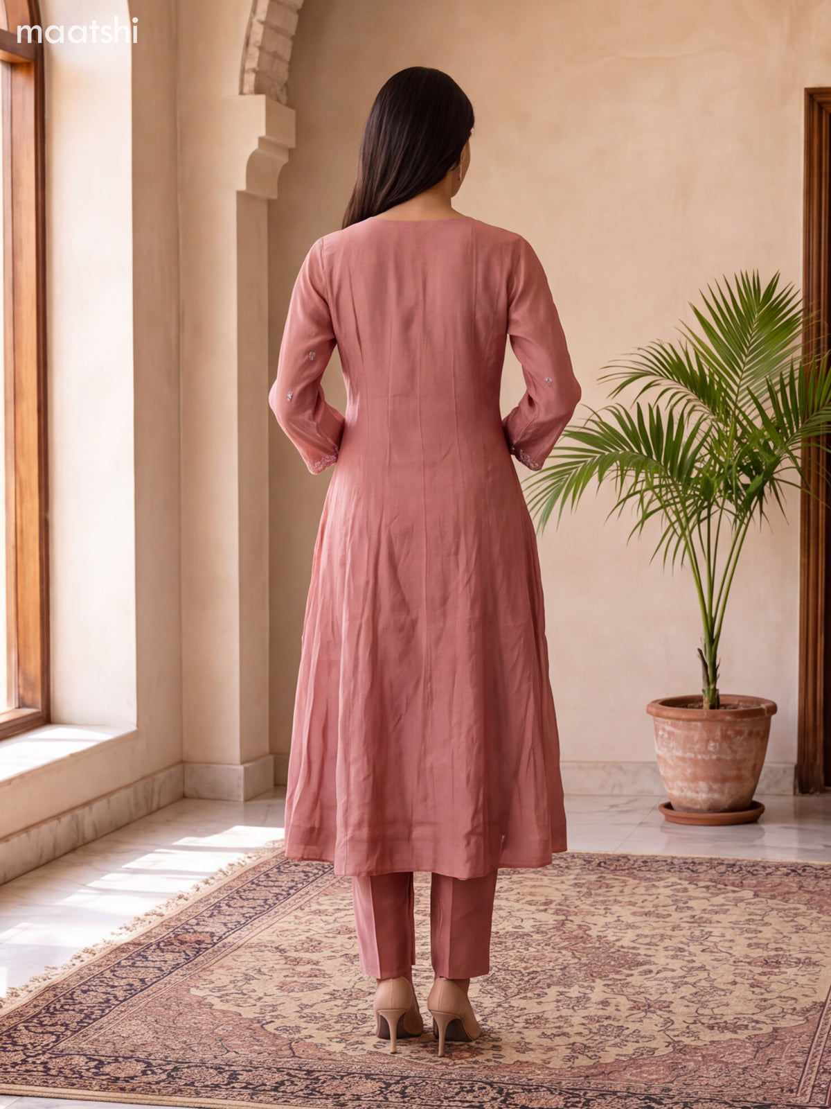 Peach Mul Chanderi Embroidery & Mirror Work Anarkali Suit