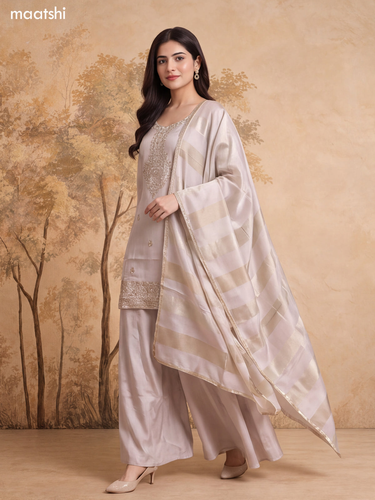 Off White and Biege Art Silk Embroidery Work Short Straight Suit