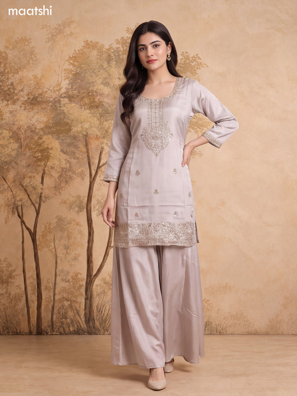 Off White and Biege Art Silk Embroidery Work Short Straight Suit