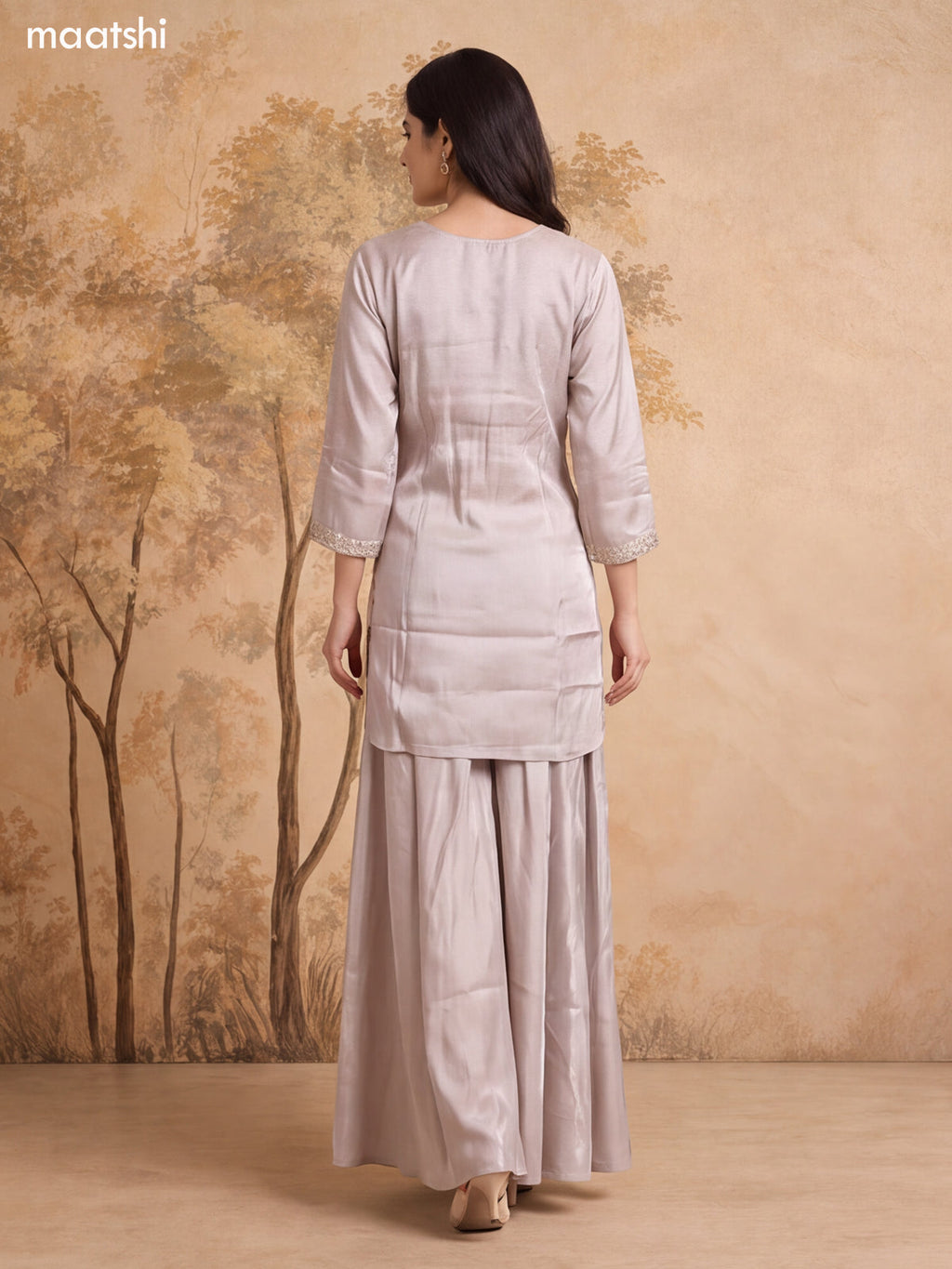 Off White and Biege Art Silk Embroidery Work Short Straight Suit