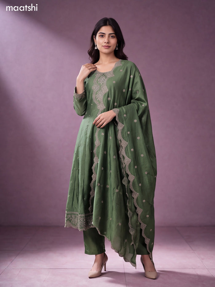 Green Art Tussar Embroidery Work Anarkali Suit