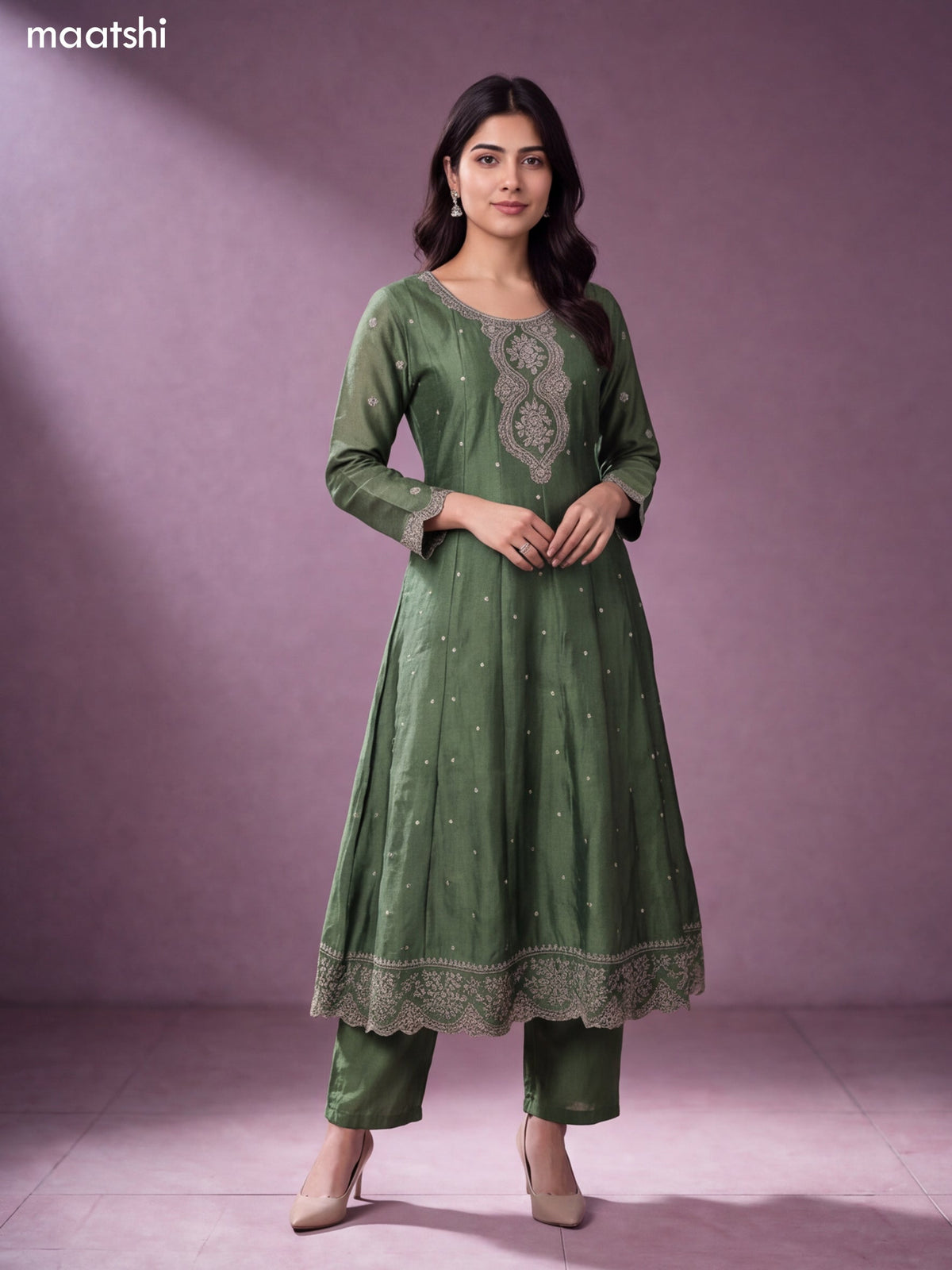 Green Art Tussar Embroidery Work Anarkali Suit