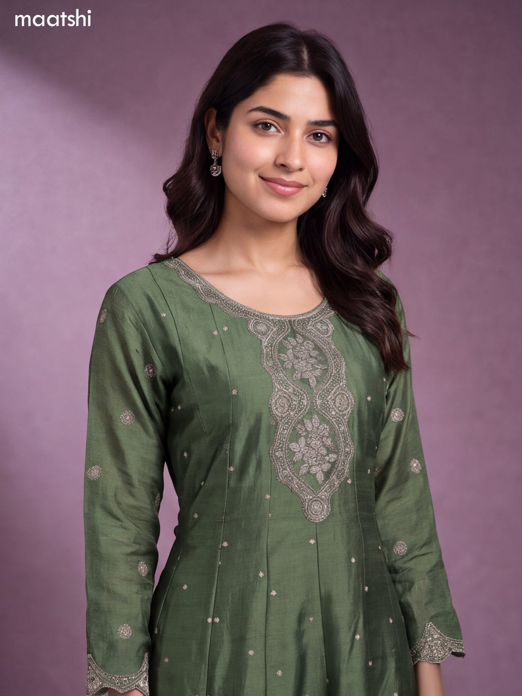 Green Art Tussar Embroidery Work Anarkali Suit