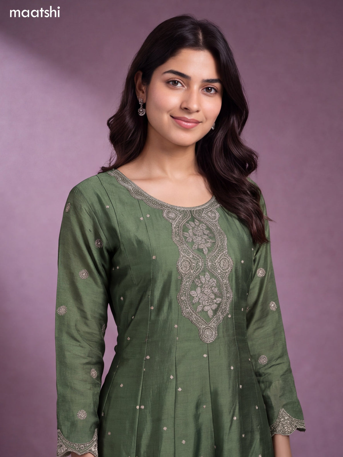 Green Art Tussar Embroidery Work Anarkali Suit