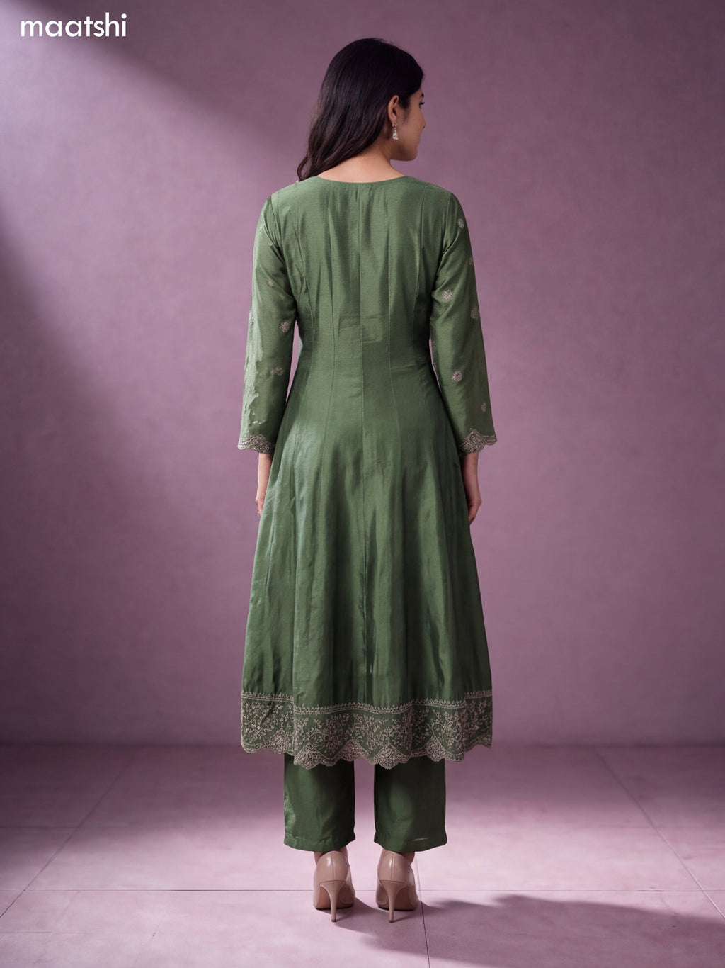 Green Art Tussar Embroidery Work Anarkali Suit