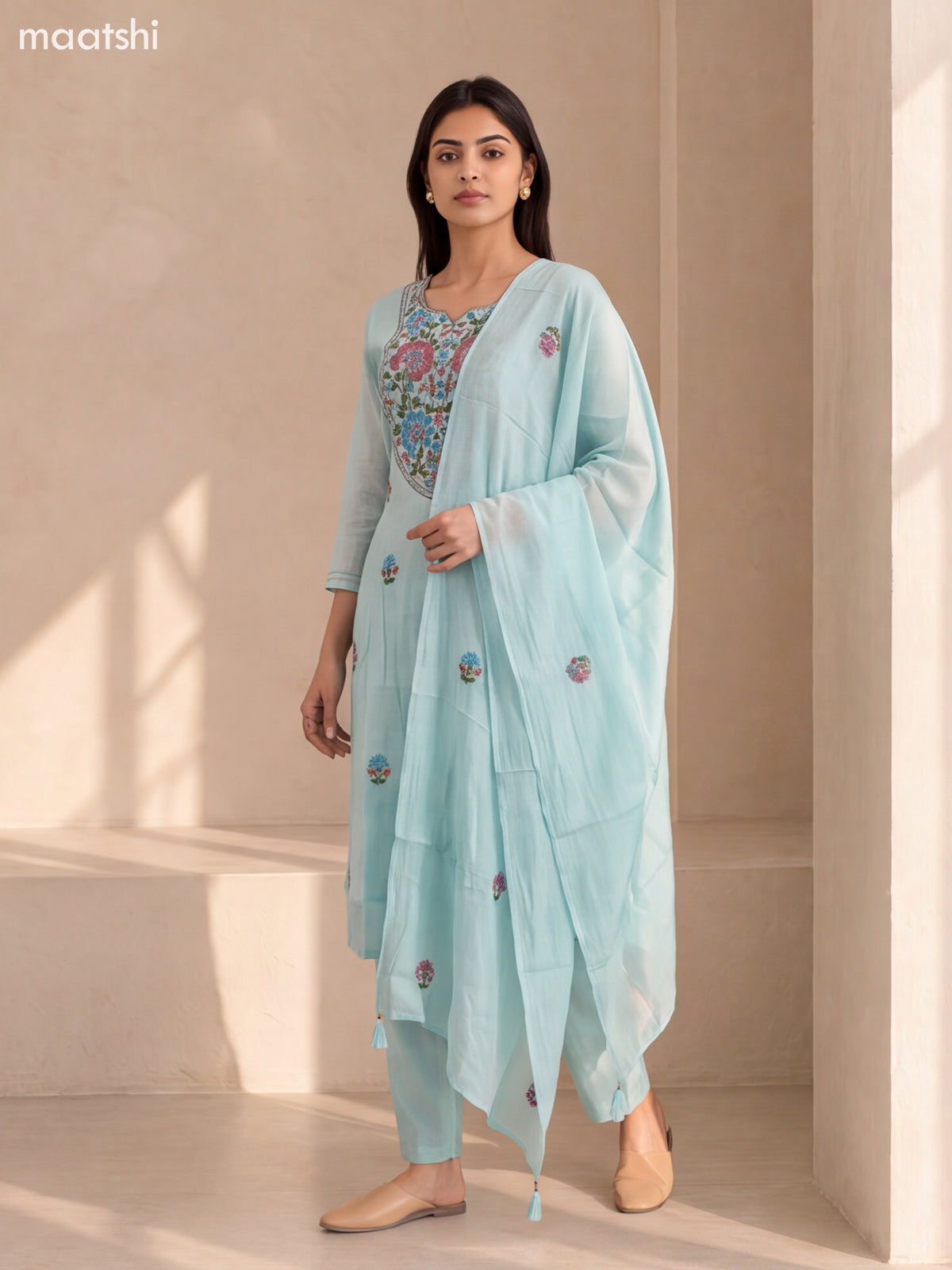 Light Blue Mul Chanderi Embroidery Work Straight Suit