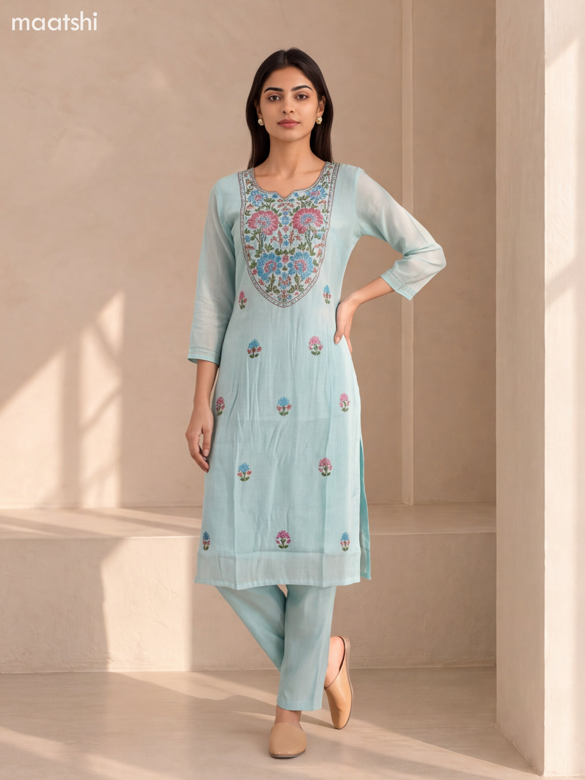 Light Blue Mul Chanderi Embroidery Work Straight Suit