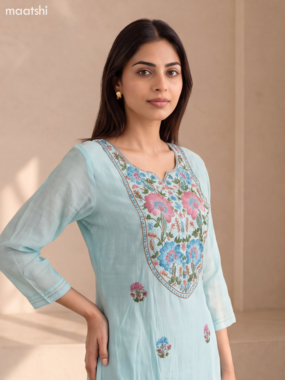 Light Blue Mul Chanderi Embroidery Work Straight Suit