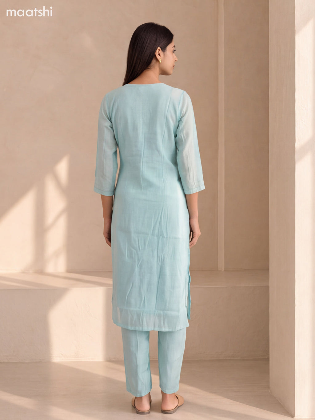 Light Blue Mul Chanderi Embroidery Work Straight Suit