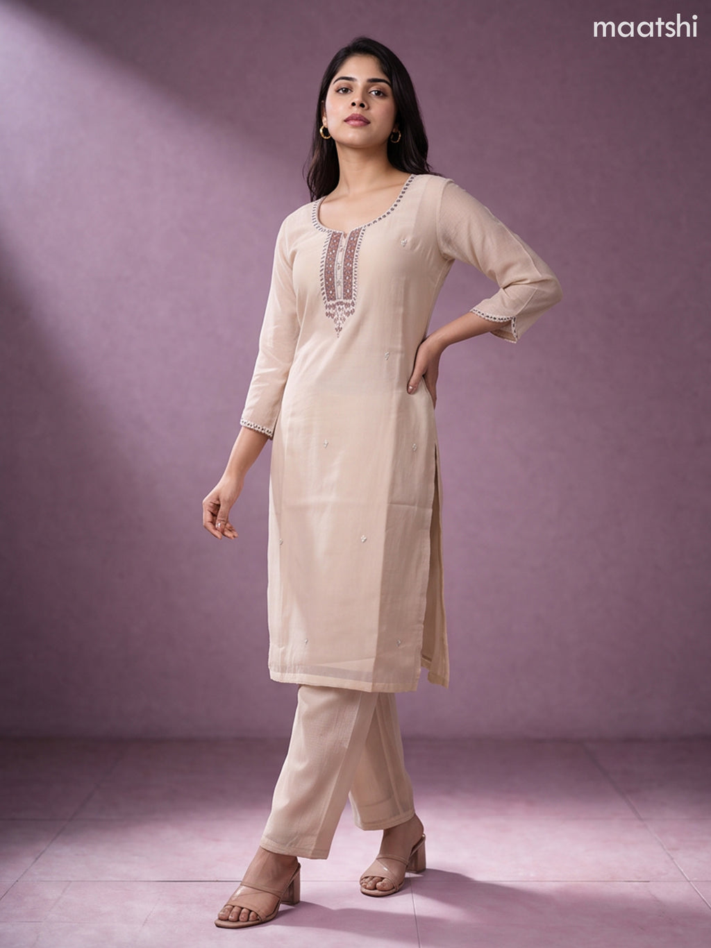 Cream and Brown Tissue Embroidery Work Straight Suit