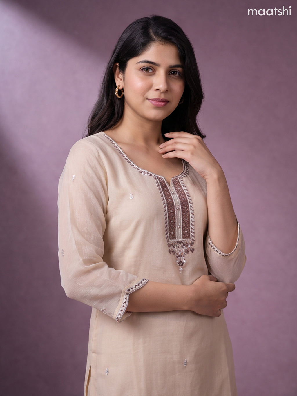 Cream and Brown Tissue Embroidery Work Straight Suit