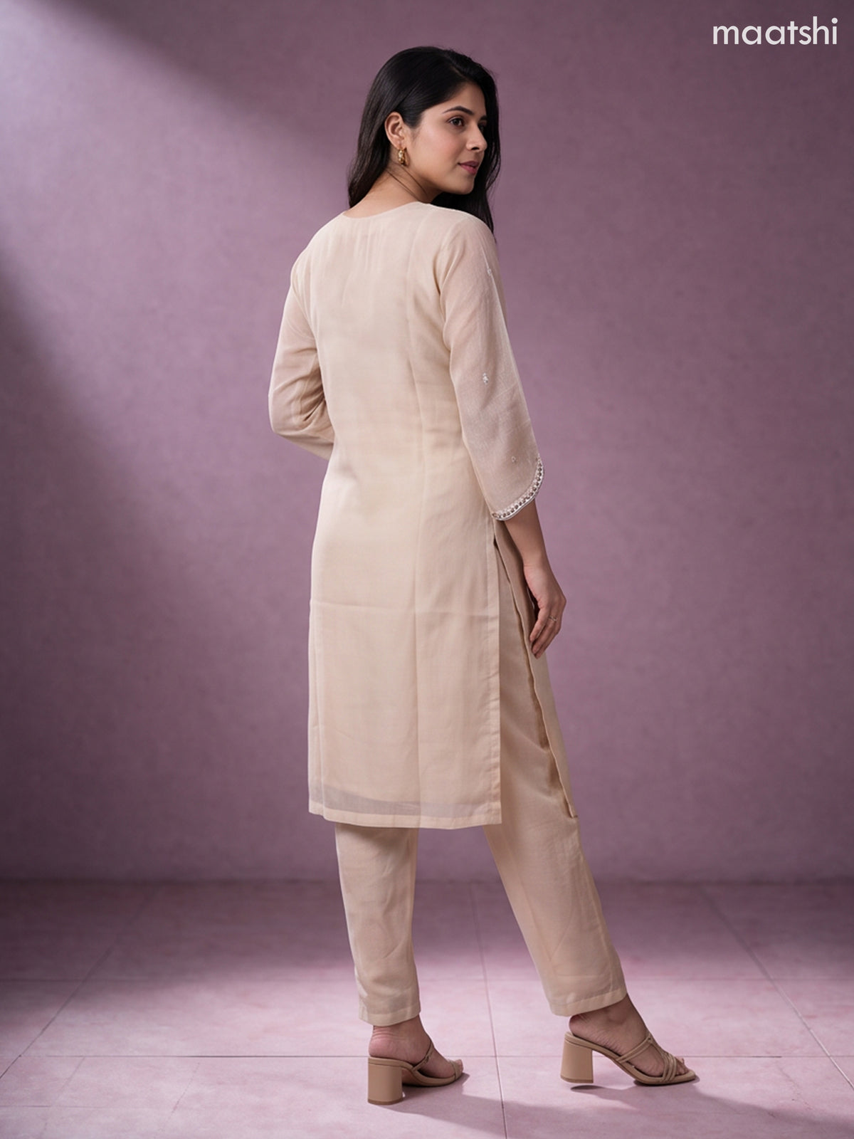 Cream and Brown Tissue Embroidery Work Straight Suit