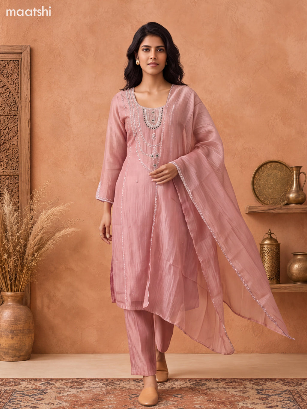 Pastel Pink Tissue Embroidery Work Straight Suit