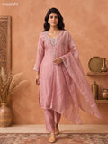 Pastel Pink Tissue Embroidery Work Straight Suit