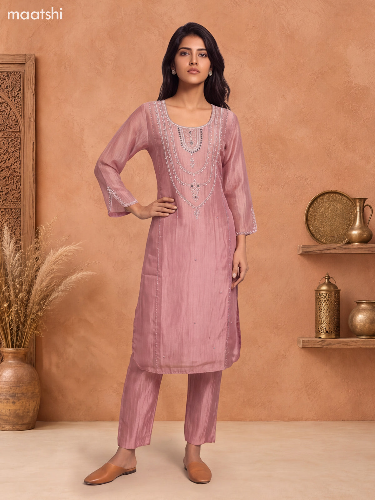 Pastel Pink Tissue Embroidery Work Straight Suit