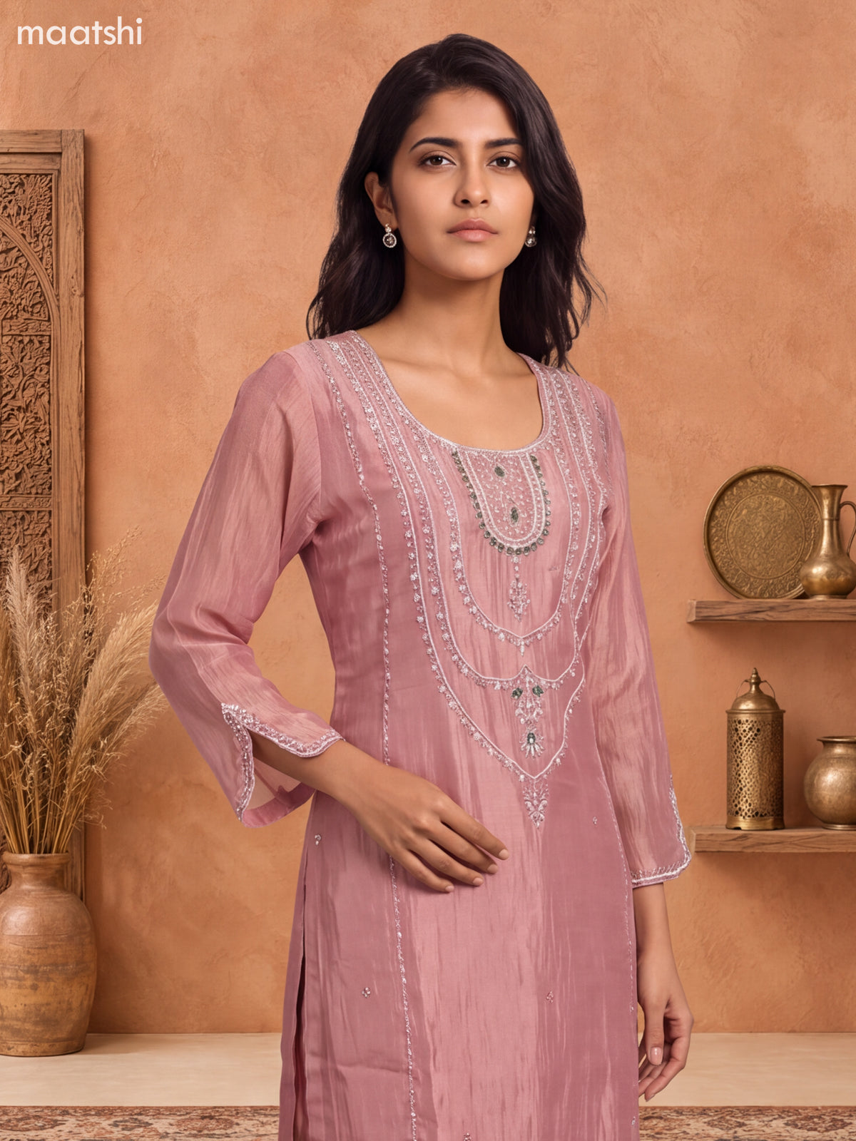 Pastel Pink Tissue Embroidery Work Straight Suit