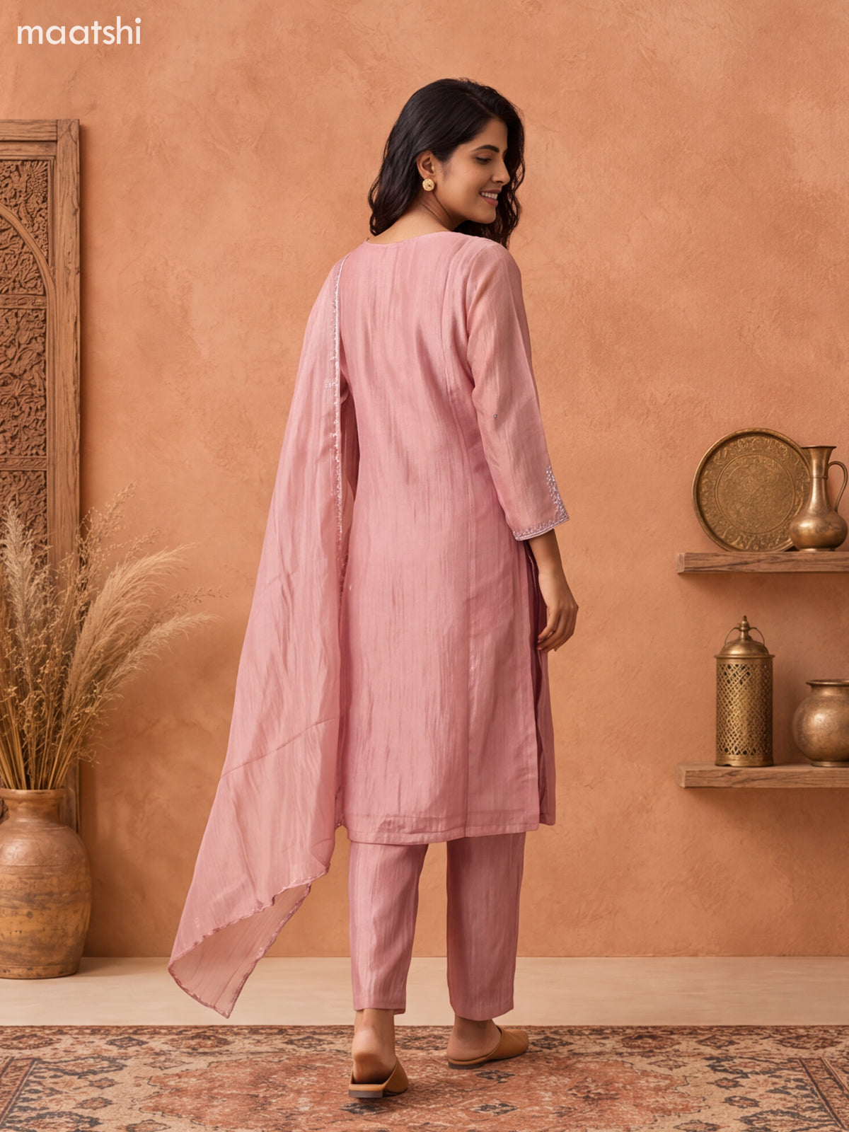 Pastel Pink Tissue Embroidery Work Straight Suit